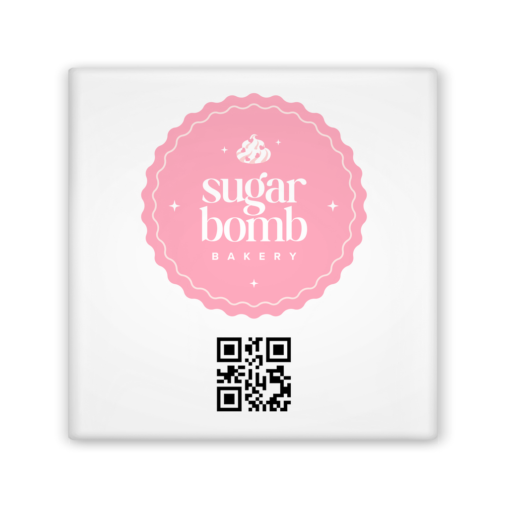 Square white card with pink logo and QR code on a white background