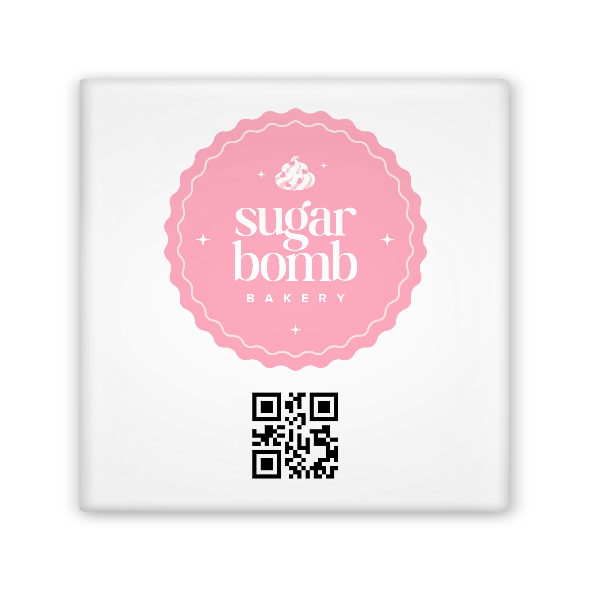 Square white card with pink logo and QR code on a white background