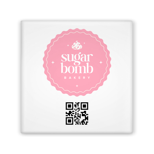 Square white card with pink logo and QR code on a white background
